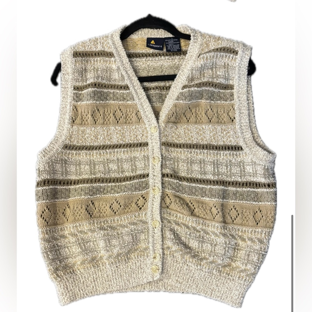 Lizsport Vintage Sweater Vest • Size L • Tan • Green • Cream • EUC